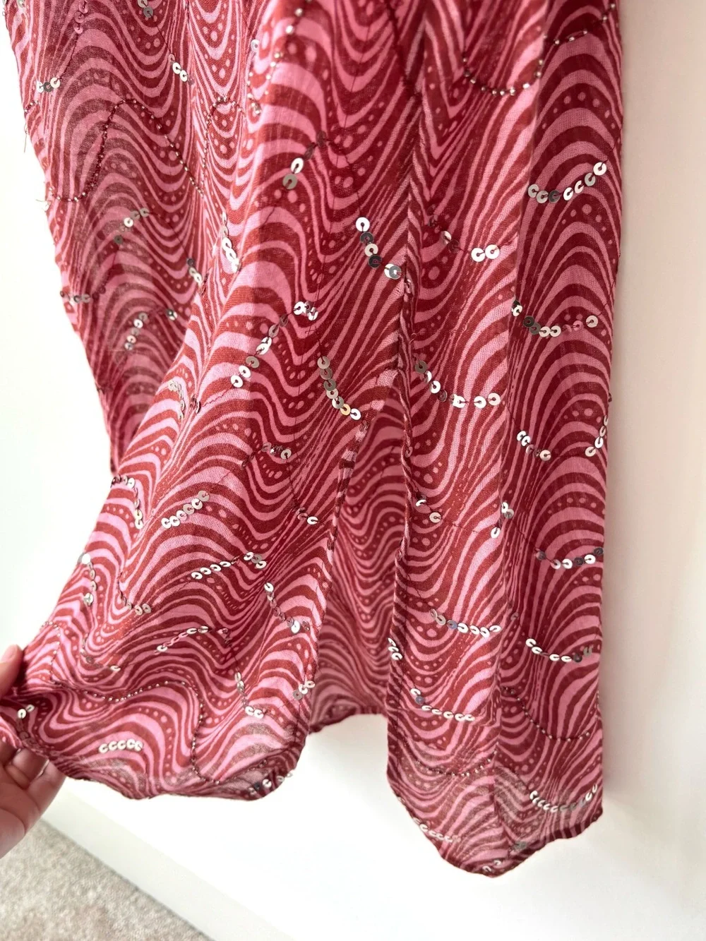 Zara Pink Sequins Beaded Swirl Printed Midi Dress Sheer Deep V Neck Tie Front